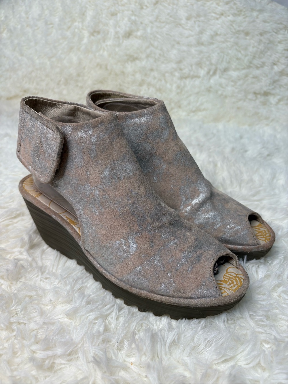FLY London Yone wedge peep-toe sandals in mottled silver metallic suede
